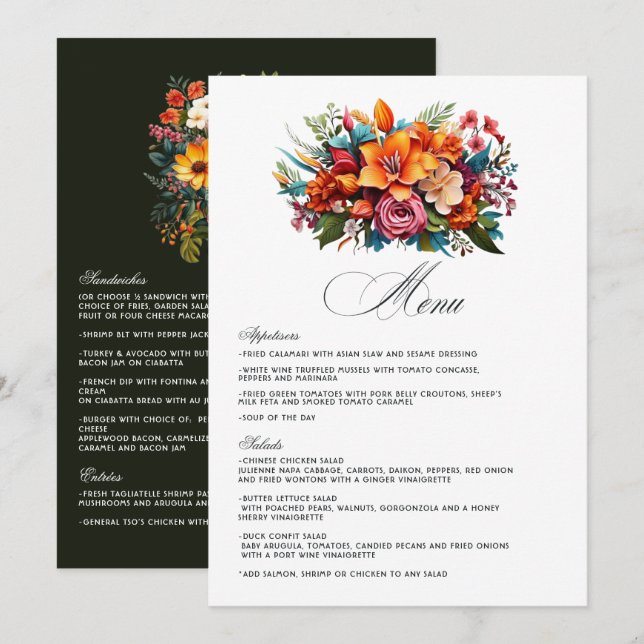 Blommigten Fiesta Bröllop i vattenfärg Meny (Fram/baksida)