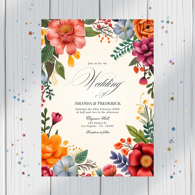 Blommigten Fiesta Bröllop QR-kod för högvattenfärg Inbjudningar (Vibrant Watercolor Floral Fiesta Wedding QR Code Invitation)