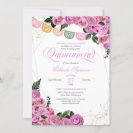 Blommigten Fiesta Quinceañera  Rosa ros Elegant Inbjudningar