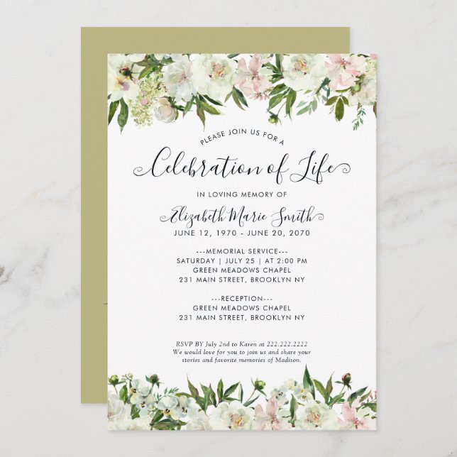Blommigten firande i Life Funeral Memorial White Inbjudningar (Fram/baksida)