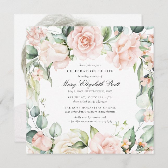 Blommigten firande i Life Funeral Photo Rosa ros Inbjudningar (Fram/baksida)