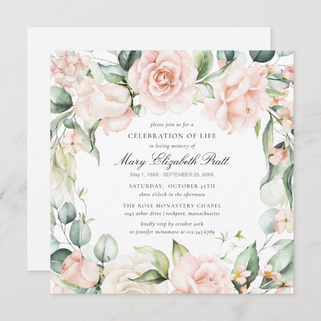Blommigten firande i Life Funeral Photo Rosa ros Inbjudningar (Fram/baksida)