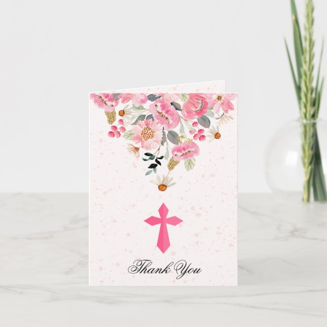 Blommigten First Communion Rosa Foldad Tack Kort (Framsida)