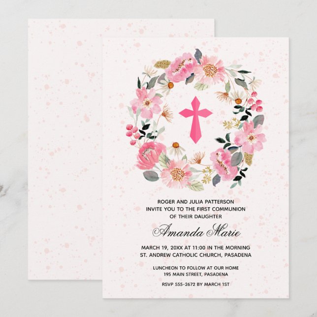Blommigten First Communion Watercolor Rosa  Inbjudningar (Fram/baksida)