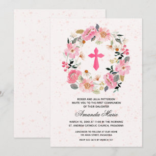 Blommigten First Communion Watercolor Rosa Inbjudningar