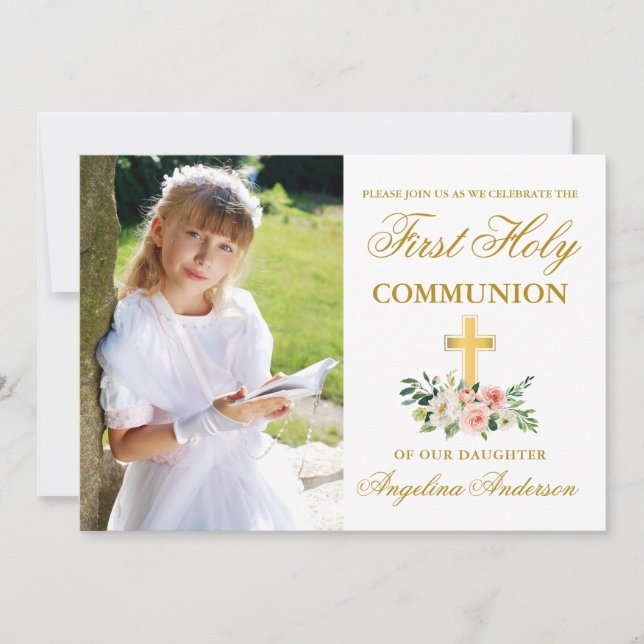 Blommigten First Heliga Communion Photo Rosa White Inbjudningar (Framsida)