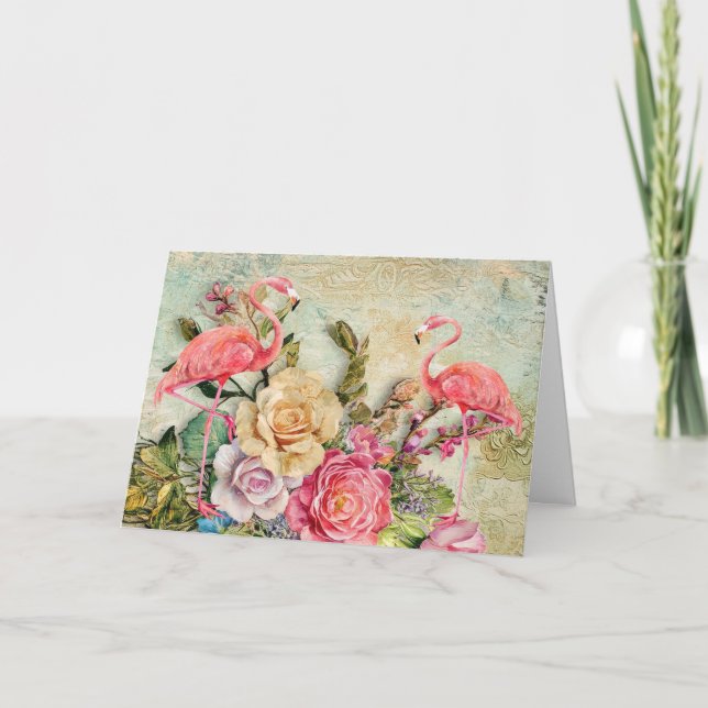 Blommigten Flamingo-kort för shabby chic-vattenfär Helgkort (Framsida)
