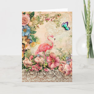 Blommigten Flamingo-kort för shabby chic-vattenfär Helgkort