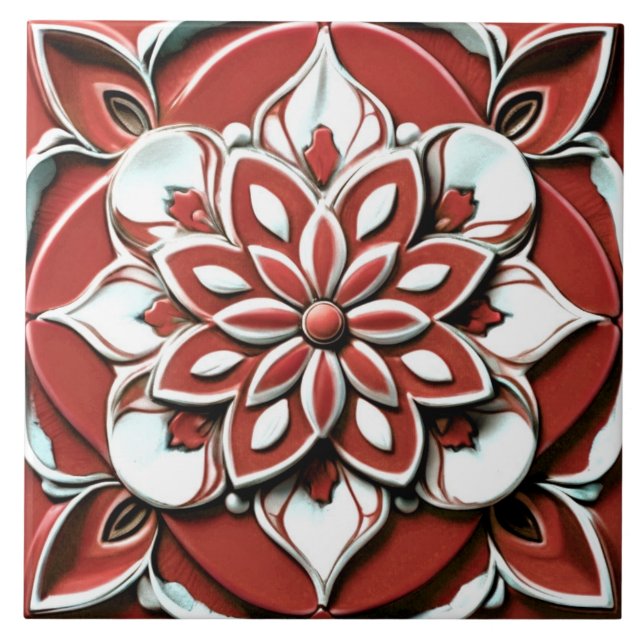 Blommigten Flower, Fold Red and White Faux Relief Kakelplatta (Framsidan)