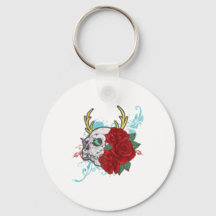 Blommigten Flower Skull och Ro Tattoo Art Graphic Nyckelring