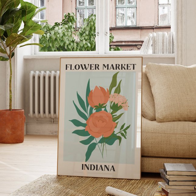Blommigten för blommemarknaden Indiana Peach Peony Poster (In situ Living room)