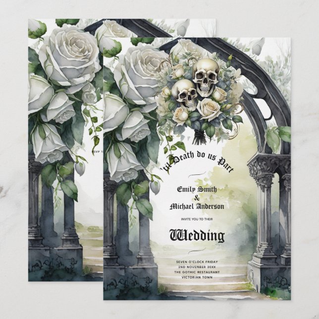 Blommigten för Döskallarna Gothic Bröllop Black oc Inbjudningar (Fram/baksida)