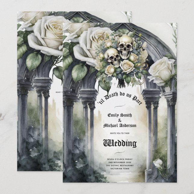 Blommigten för Döskallarna Gothic Bröllop Black oc Inbjudningar (Fram/baksida)