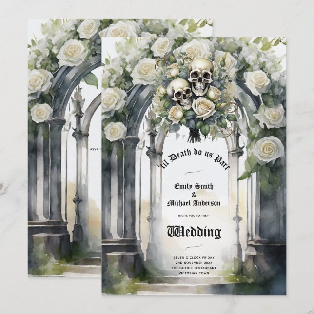 Blommigten för Döskallarna Gothic Bröllop Black oc Inbjudningar (Fram/baksida)