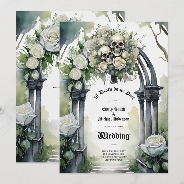 Blommigten för Döskallarna Gothic Bröllop Black oc Inbjudningar (Fram/baksida)