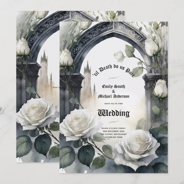 Blommigten för Döskallarna Gothic Bröllop Black oc Inbjudningar (Fram/baksida)