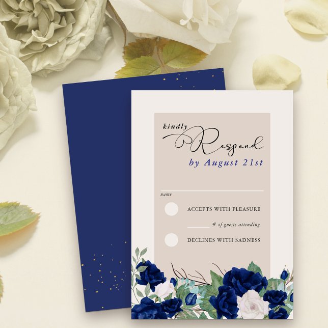 Blommigten för Eleganten royal Blue och Elfenbensk OSA Kort (RSVP cards with elegant calligraphy and floral border of royal blue navy and ivory roses)