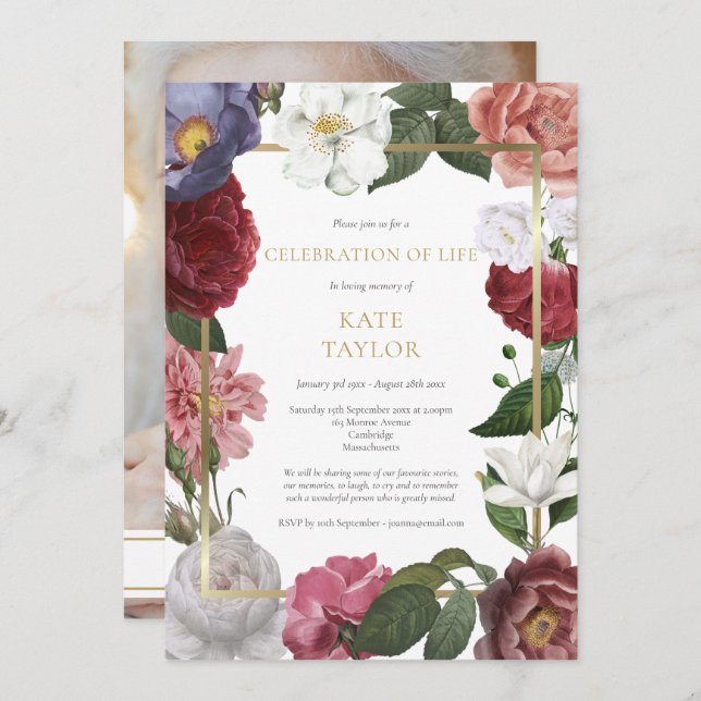 Blommigten för Firande i livets begravningsfoto Inbjudningar (Fram/baksida)