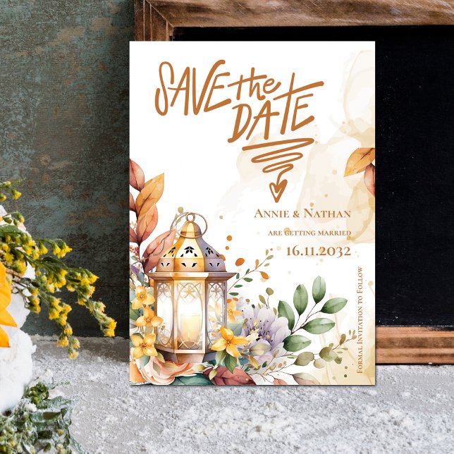 Blommigten för Gult av infallsbröllop Spara datum  Spara Datumet (Lantern Yellow Floral Fall Wedding Save the Date Invitation)