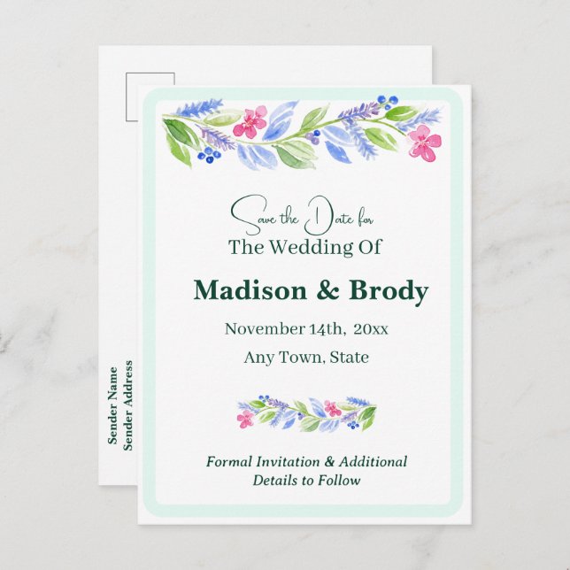 Blommigten för handmålad vattenfärg SPARA datumfot Meddelande Vykort (Fram/baksida)