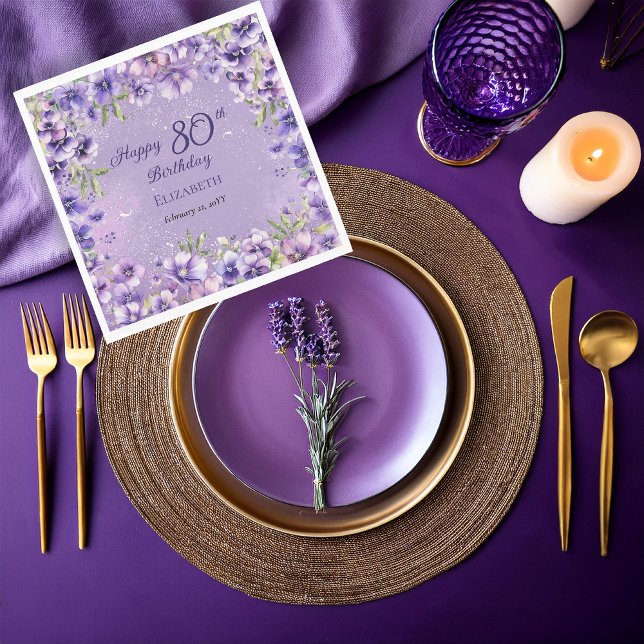 Blommigten för Lila av elegant bryter mot 80:e Föd Pappersservett (Boho Elegant Purple Floral Violets 80th Birthday Party Napkins)