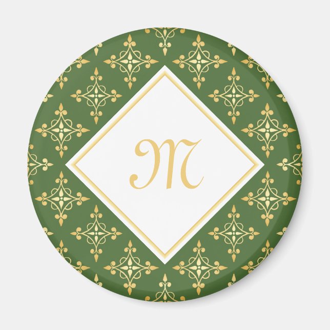 Blommigten för lyxmunogram Grönt och Guld Quatre Magnet (Framsidan)