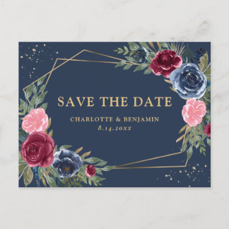 Blommigten för marinblå burgundy Guld Spara datum Meddelande Vykort