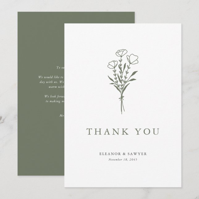 Blommigten för minimal Taupe-Grönt Bouquet Bröllop Tack Kort (Fram/baksida)