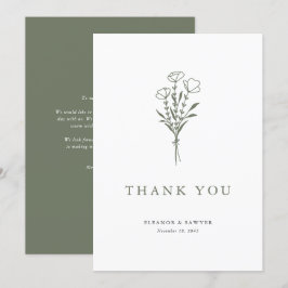 Blommigten för minimal Taupe-Grönt Bouquet Bröllop Tack Kort