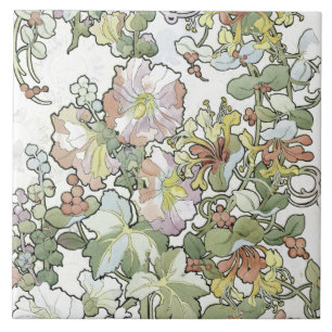 Blommigten för Mucha art nouveauHollyhocks Kakelplatta