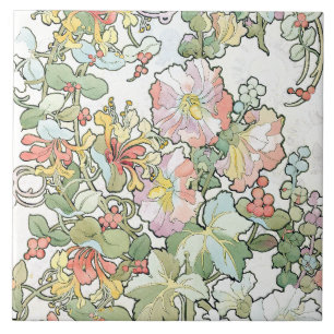 Blommigten för Mucha art nouveauHollyhocks Kakelplatta