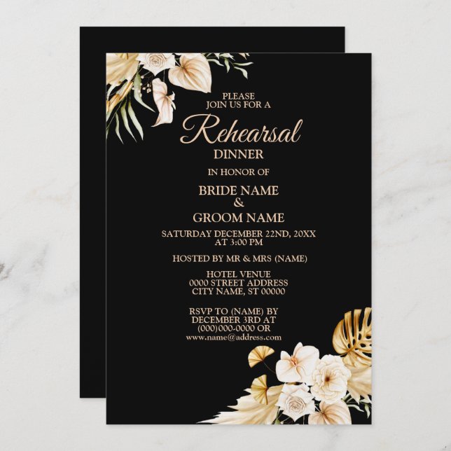 Blommigten för  Rosa, daghem, gyllene svarta Inbjudningar (Fram/baksida)