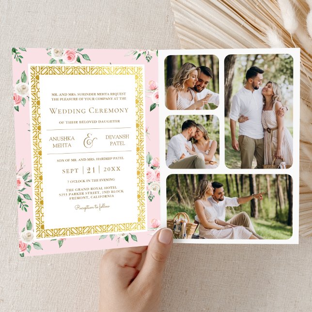 Blommigten för  Rosa i ett Guld, Indiska Bröllop Inbjudan (Skapare uppladdad)