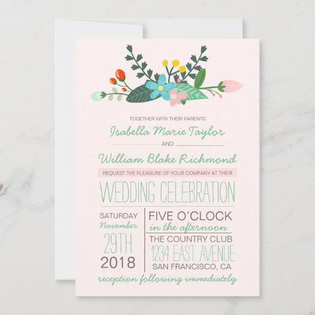 Blommigten för Rosa och  Bouquet-bröllop Inbjudningar (Framsida)