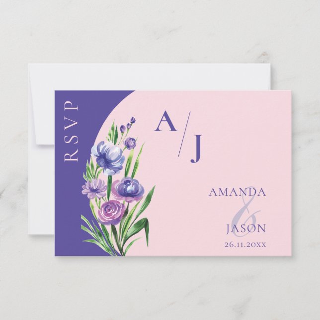 Blommigten för  Rosa och Lila i Monogram Bröllop OSA Kort (Framsida)