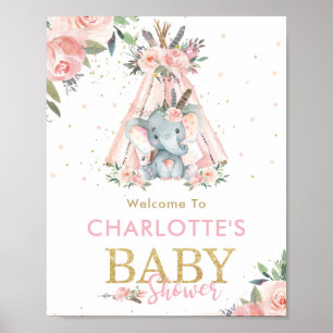 Blommigten för stamRosa Elephant Baby Shower Välko Poster