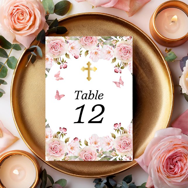 Blommigten  för vattenfärg i ro Butterflies och Ko Bordsnummer (Pink Rose Floral and Gold Tone Trinity Cross Table Number Cards)