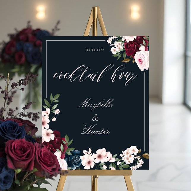 Blommigten för vattenfärgen Burgundy Navy Cocktail Poster (Cocktail Hour Watercolor Burgundy Navy Floral Poster)