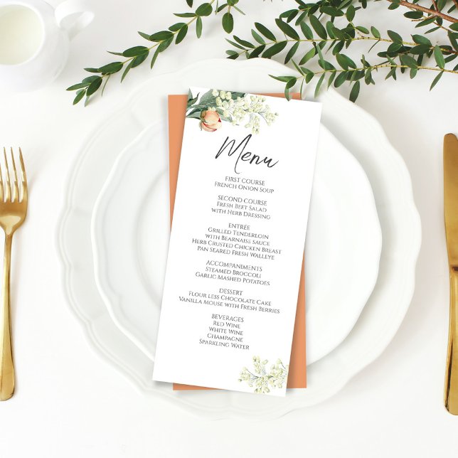 Blommigten för vattenfärgspersika med bröllop-inne meny (Wedding menu card with elegant peach watercolor floral artwork. )
