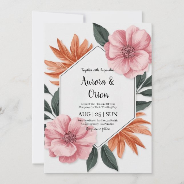 blommigten för viskhet och rosa och orange bröllop inbjudningar (Framsida)