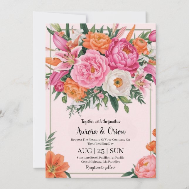 blommigten för viskhet och rosa och orange bröllop inbjudningar (Framsida)