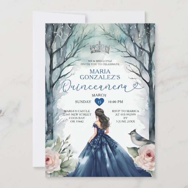 Blommigten Forest Quinceañera (marinblåfärgad damm Inbjudningar (Framsida)