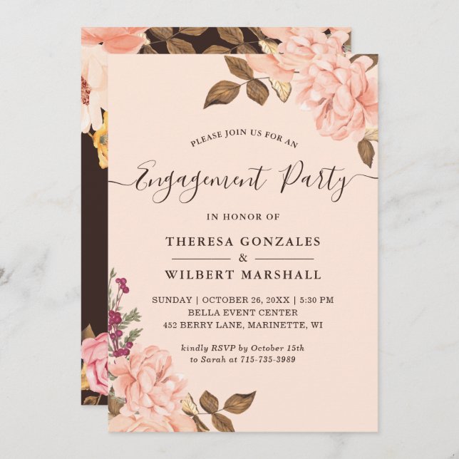 Blommigten Förlovningsfest Elegant  Guld Chic Inbjudningar (Fram/baksida)