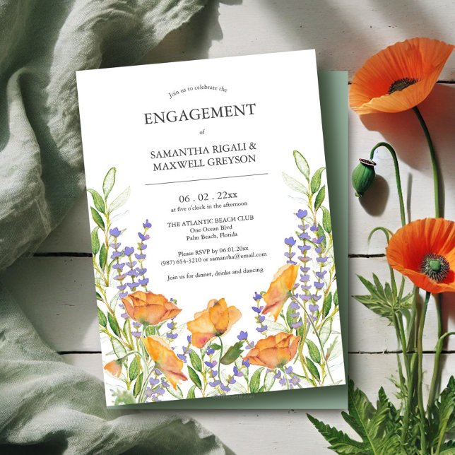 Blommigten förlovningsfest Inbjudningar  Vattenfär (Engagement invitations watercolor wildflowers art by Victoria Grigaliunas of Do Tell A Belle)
