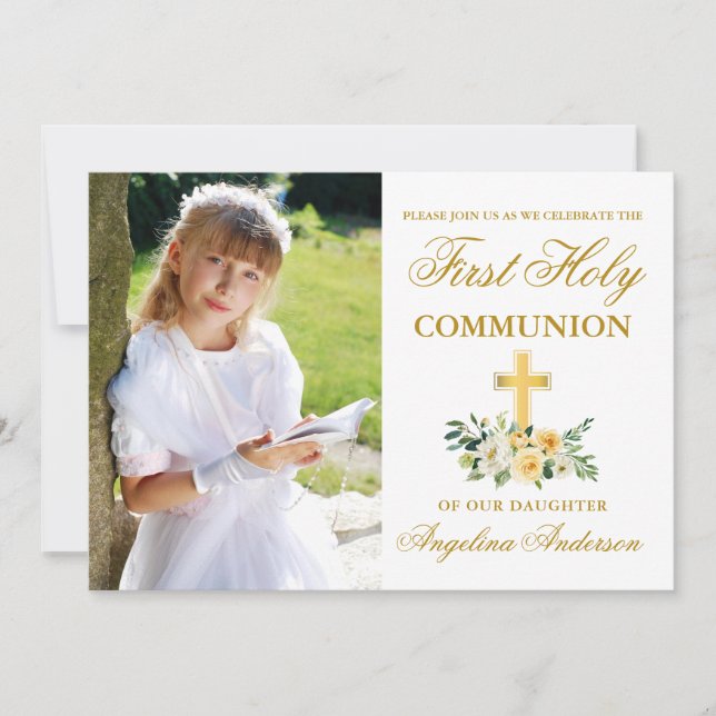 Blommigten Första Heligan av Communion Photo Gult  Inbjudningar (Framsida)