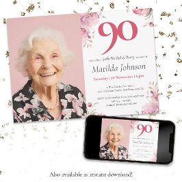Blommigten Foto Rosa Watercolor 90:e Birthday Inbjudningar