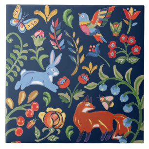 Blommigten Fox Rabbit i People Art Navy Animal Woo Kakelplatta
