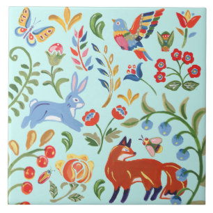 Blommigten Fox Rabbit, People Teal Blue Animal Woo Kakelplatta