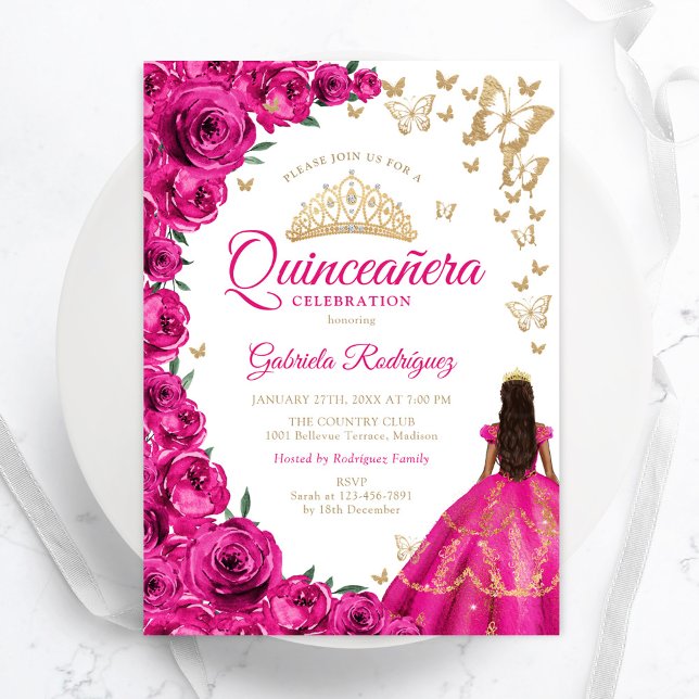 Blommigten Fuchsia Rosa ros Quinceanera Inbjudningar (Skapare uppladdad)