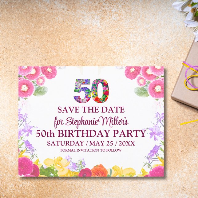 Blommigten fyller 50 år och sparar datumet 50 eleg vykort (Skapare uppladdad)